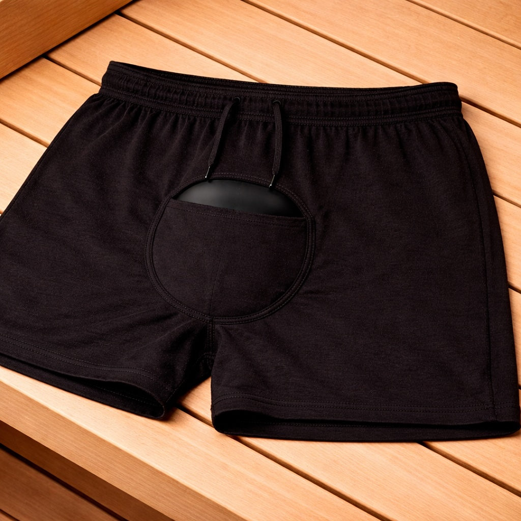 black sauna short lying on sauna bench